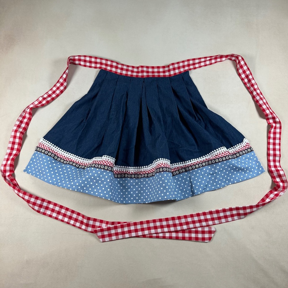 Womens Waist Apron Size S Denim Gingham Polka Dot Pleated Cottagecore Blue Red